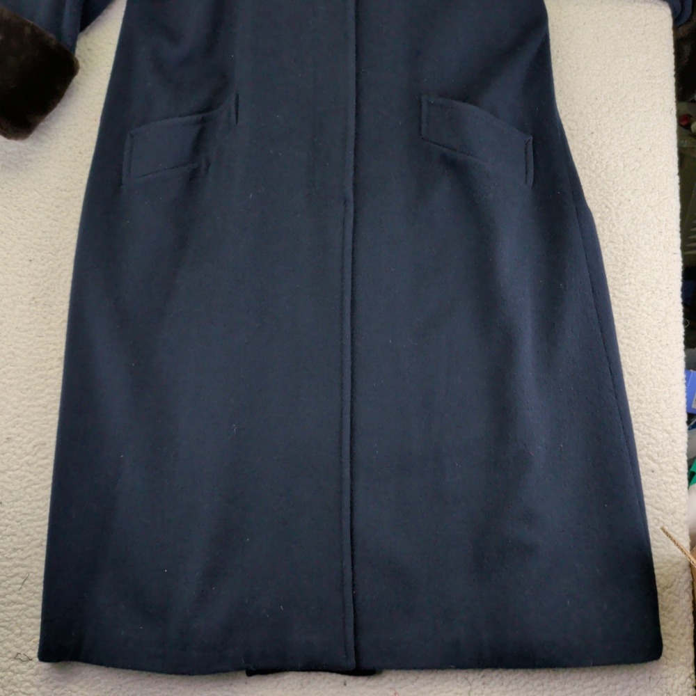 Steve Searle Women's Navy Blue Wool Blend Faux Fur Collar Long Coat Size 4 Small - Picture 4 of 8